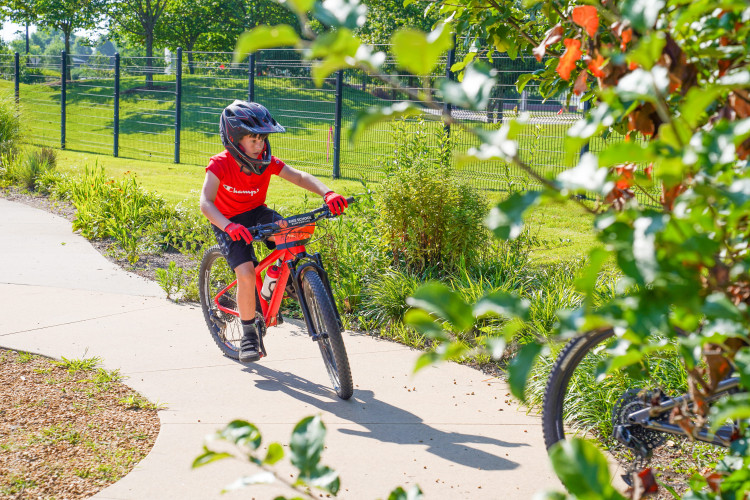 boy red shirt red bike with leaves